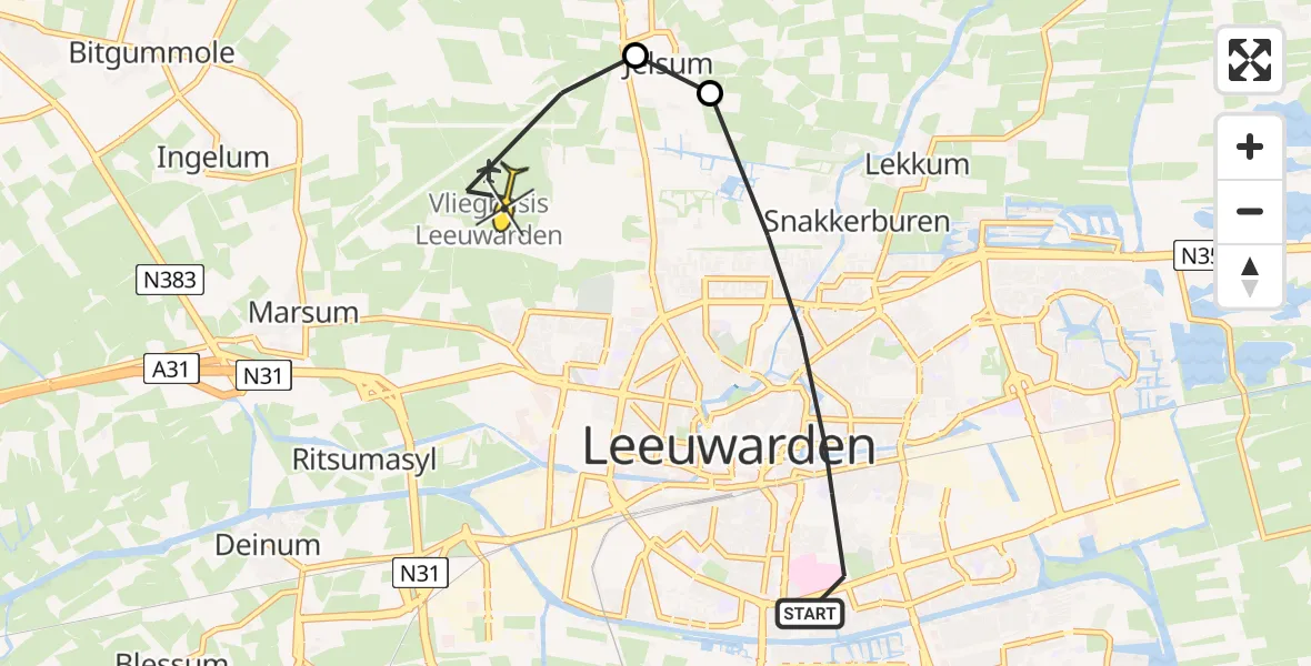 Routekaart van de vlucht: Ambulanceheli naar Vliegbasis Leeuwarden, Achter de Hoven