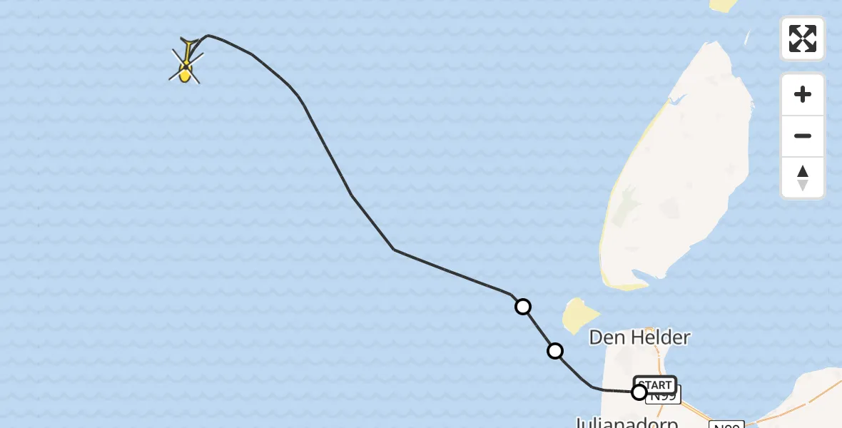 Routekaart van de vlucht: Kustwachthelikopter naar Middenvliet