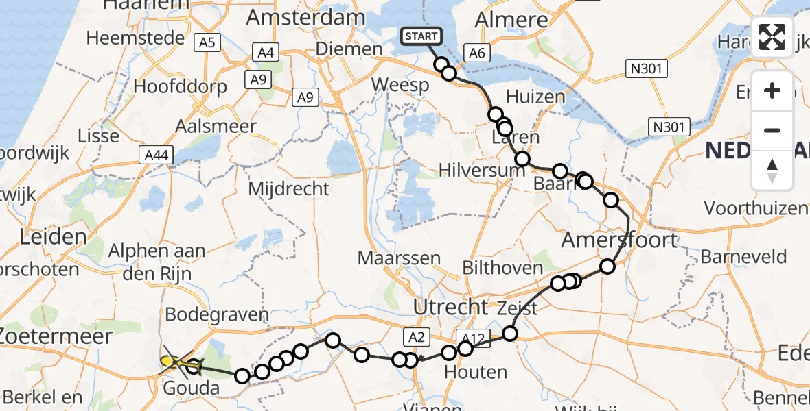 Routekaart van de vlucht: Politieheli naar Gouda, De Drost