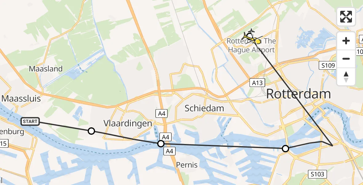Routekaart van de vlucht: Politiehelikopter naar Rotterdam The Hague Airport, Coornhertstraat