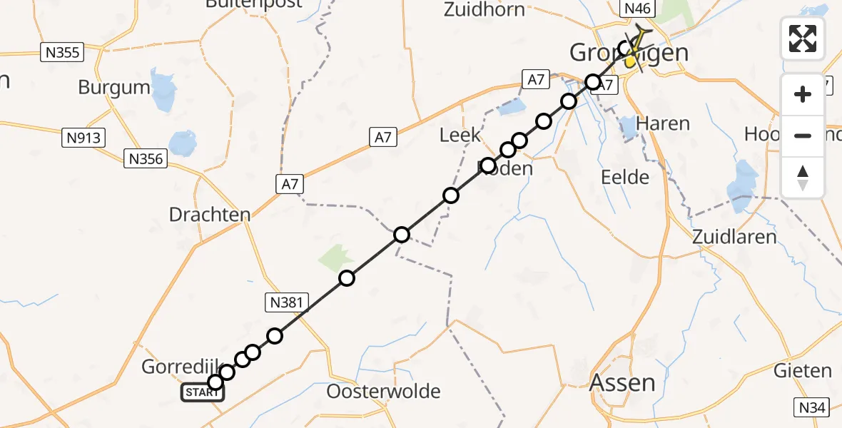 Routekaart van de vlucht: Lifeliner 4 naar Universitair Medisch Centrum Groningen, Singel