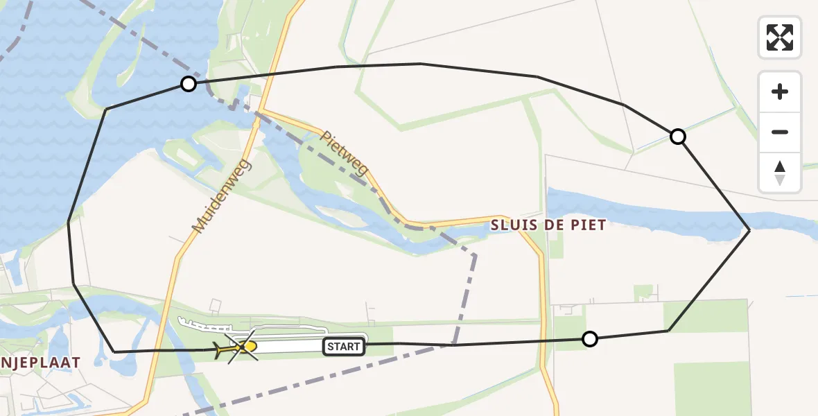 Routekaart van de vlucht: Politiehelikopter naar Vliegveld Midden-Zeeland, Meerkoetweg