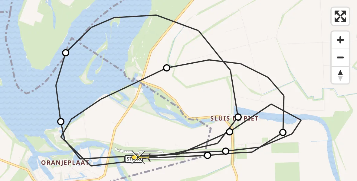 Routekaart van de vlucht: Politieheli naar Vliegveld Midden-Zeeland, Meerkoetweg