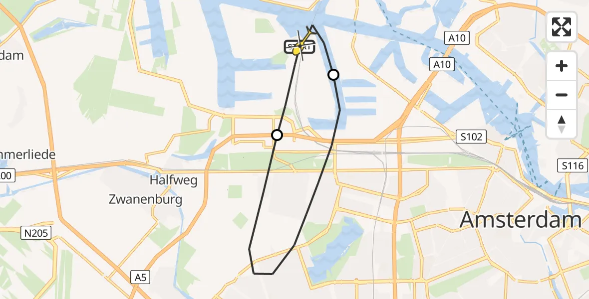 Routekaart van de vlucht: Lifeliner 1 naar Amsterdam Heliport, Amerikahavenweg