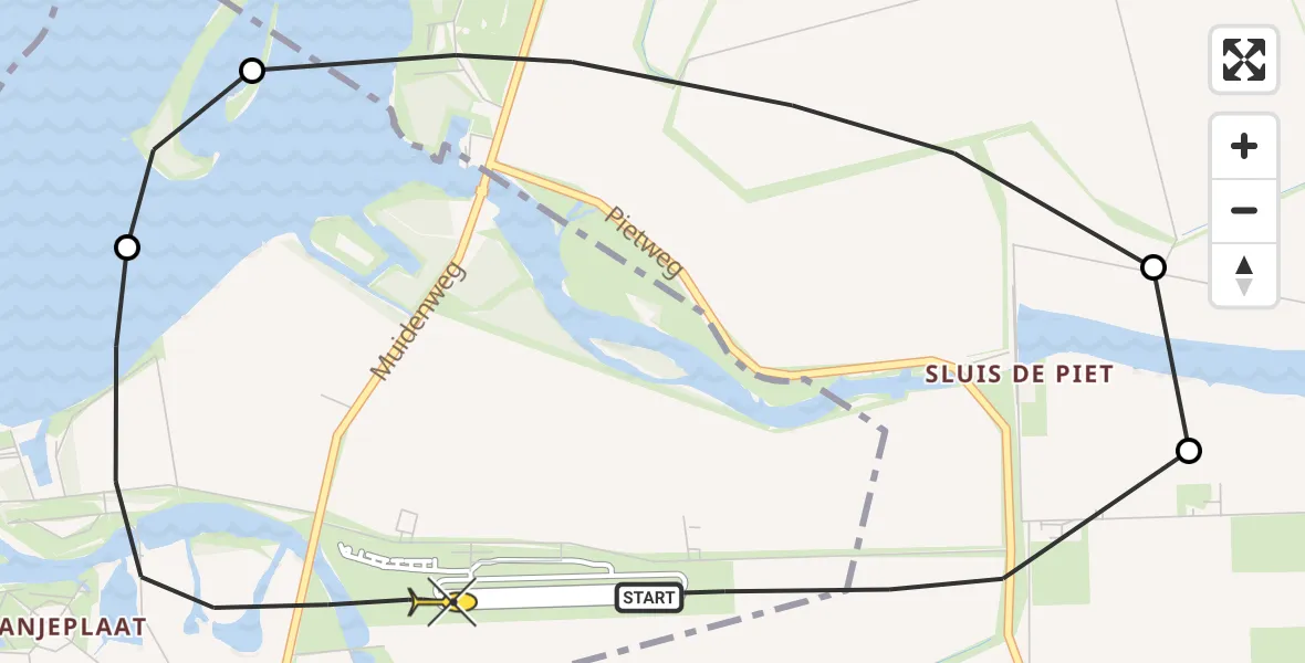 Routekaart van de vlucht: Politiehelikopter naar Vliegveld Midden-Zeeland, Meerkoetweg