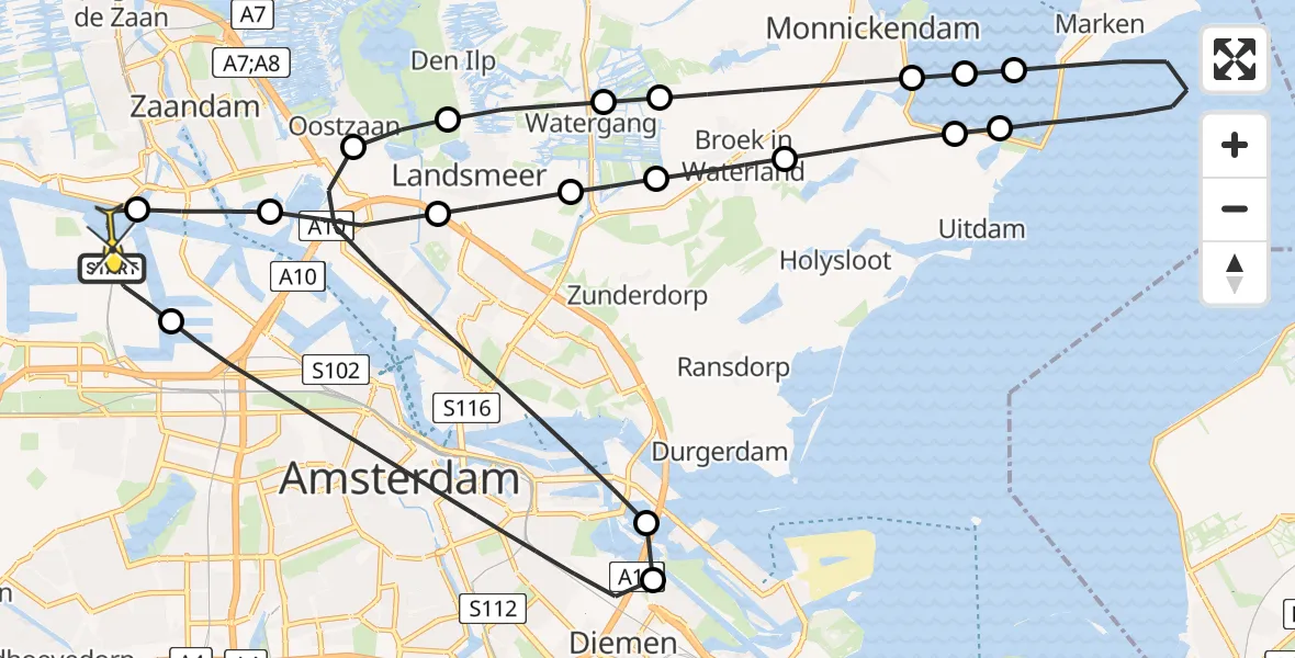 Routekaart van de vlucht: Lifeliner 1 naar Amsterdam Heliport, Westhaven