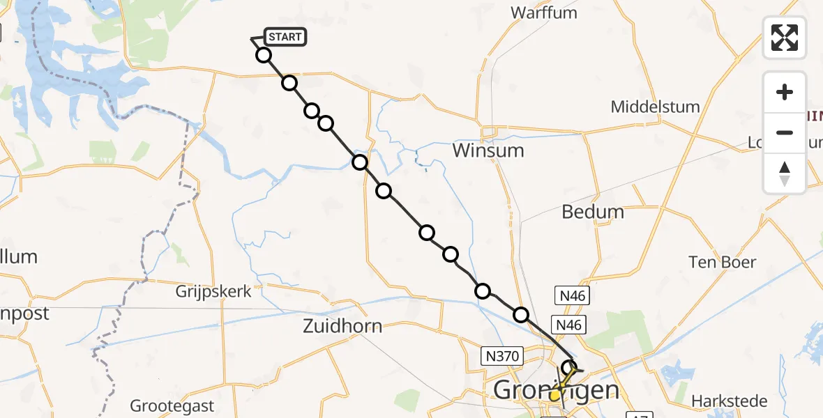 Routekaart van de vlucht: Ambulanceheli naar Universitair Medisch Centrum Groningen, Kolhamsterweg