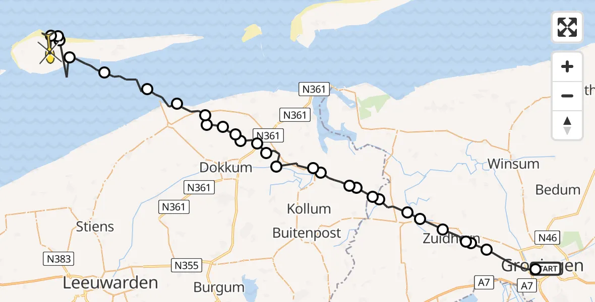 Routekaart van de vlucht: Ambulancehelikopter naar Ameland Airport Ballum, Eendrachtskade