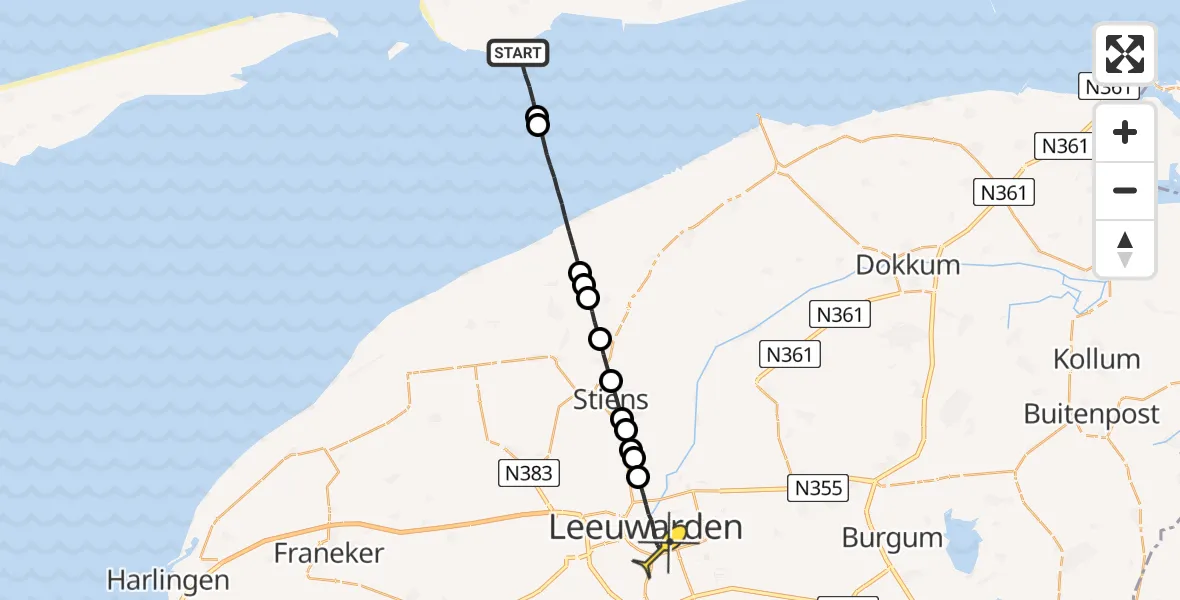 Routekaart van de vlucht: Ambulanceheli naar Leeuwarden, Hoek van Hessing