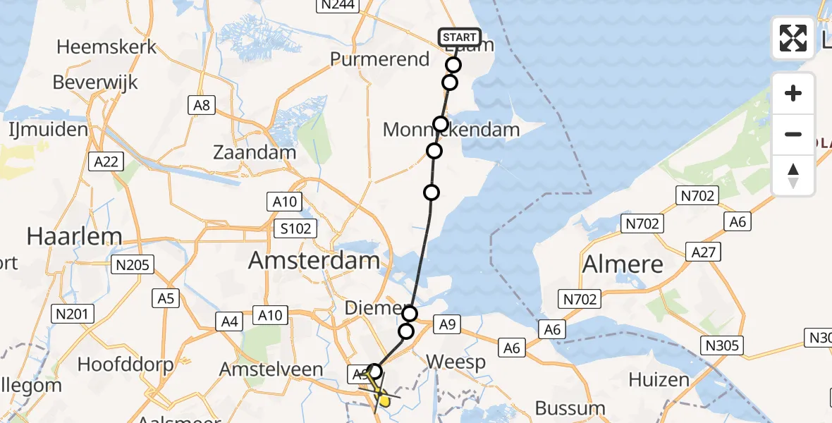 Routekaart van de vlucht: Lifeliner 1 naar Academisch Medisch Centrum (AMC), Zuiderzeeweg