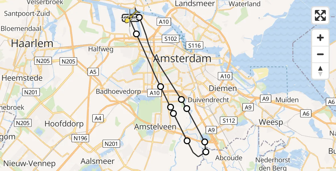 Routekaart van de vlucht: Lifeliner 1 naar Amsterdam Heliport, Corsicaweg