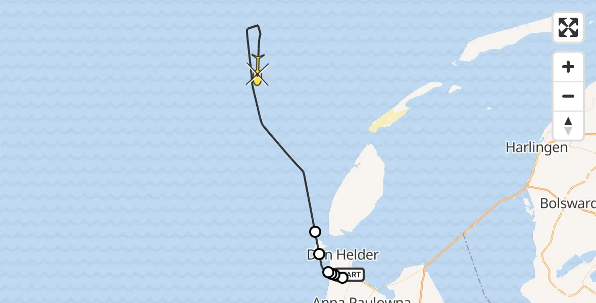 Routekaart van de vlucht: Kustwachthelikopter naar Middenvliet