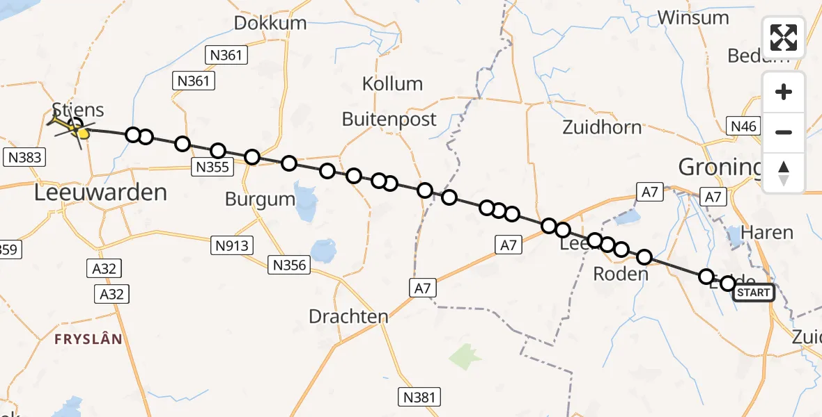 Routekaart van de vlucht: Lifeliner 4 naar Stiens, Eskampenweg