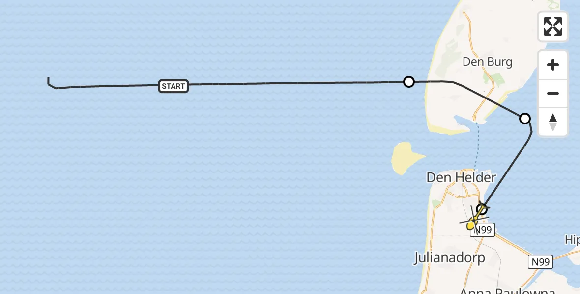 Routekaart van de vlucht: Kustwachthelikopter naar Vliegveld De Kooy, Doggersvaart