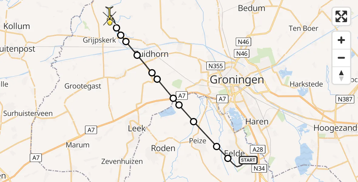 Routekaart van de vlucht: Lifeliner 4 naar Niehove, Veldkampweg