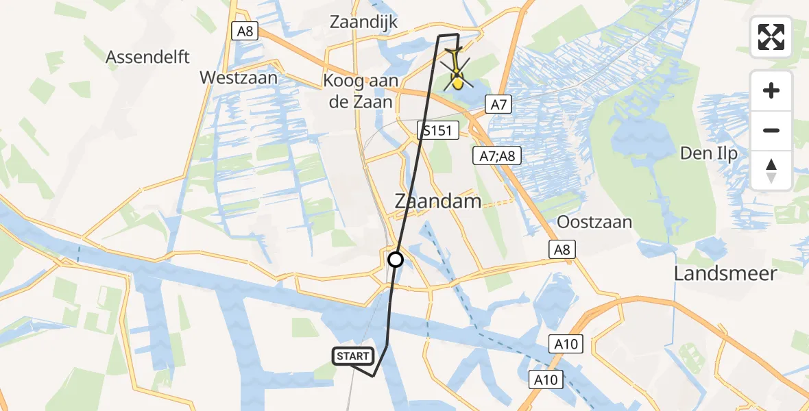 Routekaart van de vlucht: Lifeliner 1 naar Zaandam, Capriweg