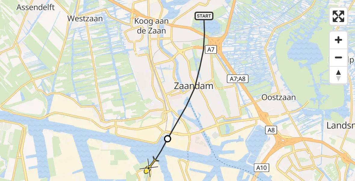 Routekaart van de vlucht: Lifeliner 1 naar Amsterdam Heliport, Koningin Julianaweg