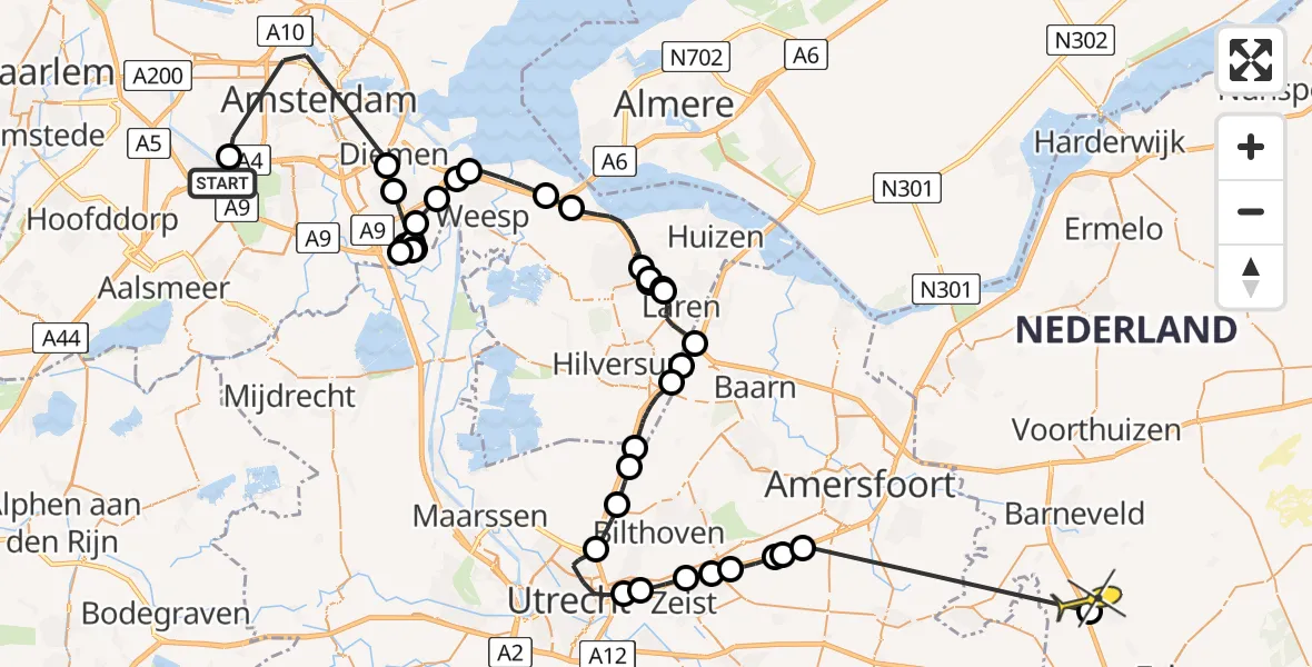 Routekaart van de vlucht: Politieheli naar Lunteren, Sportpark Sloten