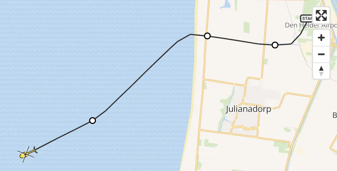 Routekaart van de vlucht: Kustwachthelikopter naar Middenvliet