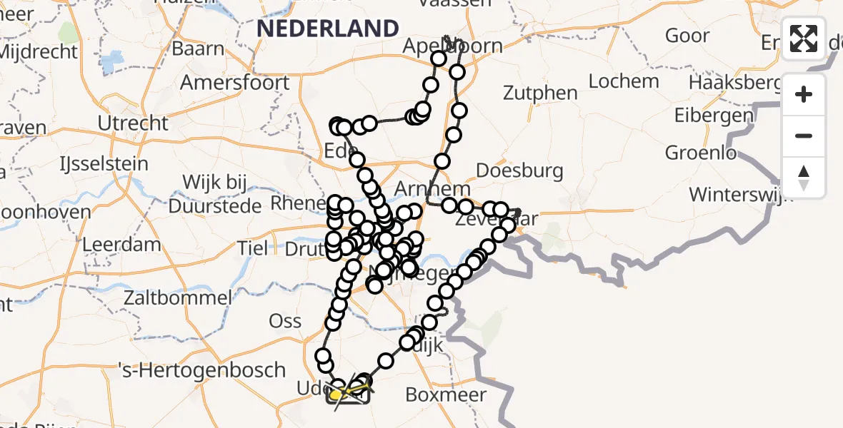 Vluchtroute Politiehelikopter van Vliegbasis Volkel naar Vliegbasis Volkel
