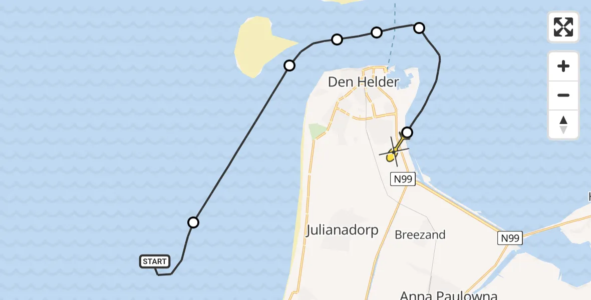 Routekaart van de vlucht: Kustwachthelikopter naar Vliegveld De Kooy, Doggersvaart