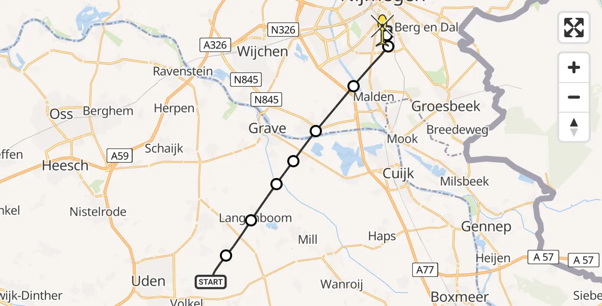 Routekaart van de vlucht: Lifeliner 3 naar Radboud Universitair Medisch Centrum, Millsebaan