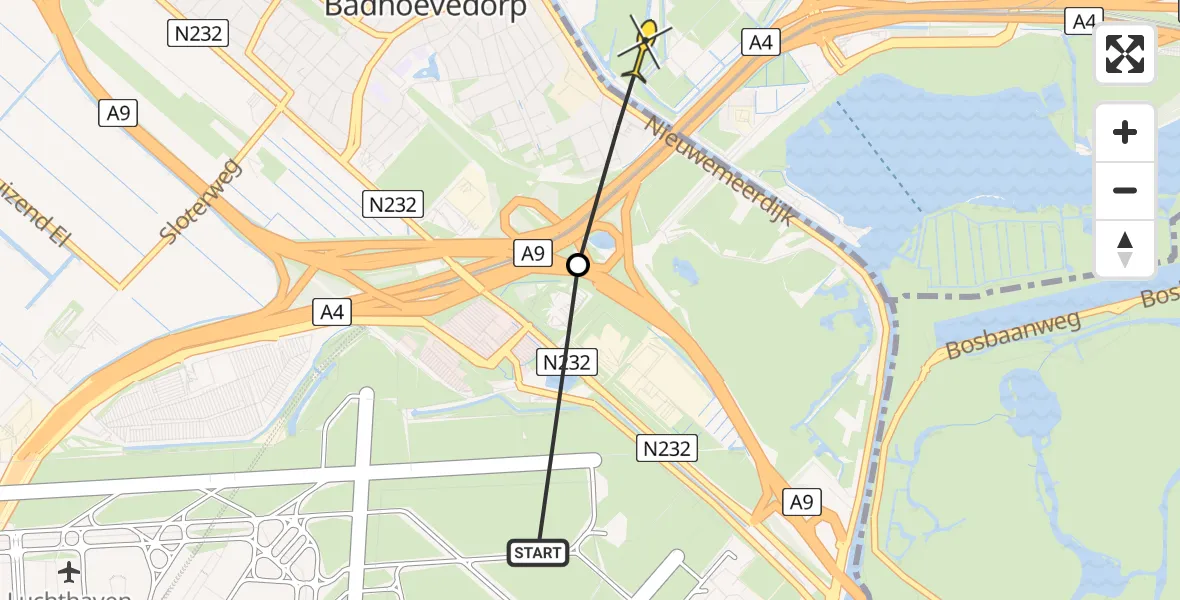 Vluchtroute Politiehelikopter van Schiphol naar Amsterdam