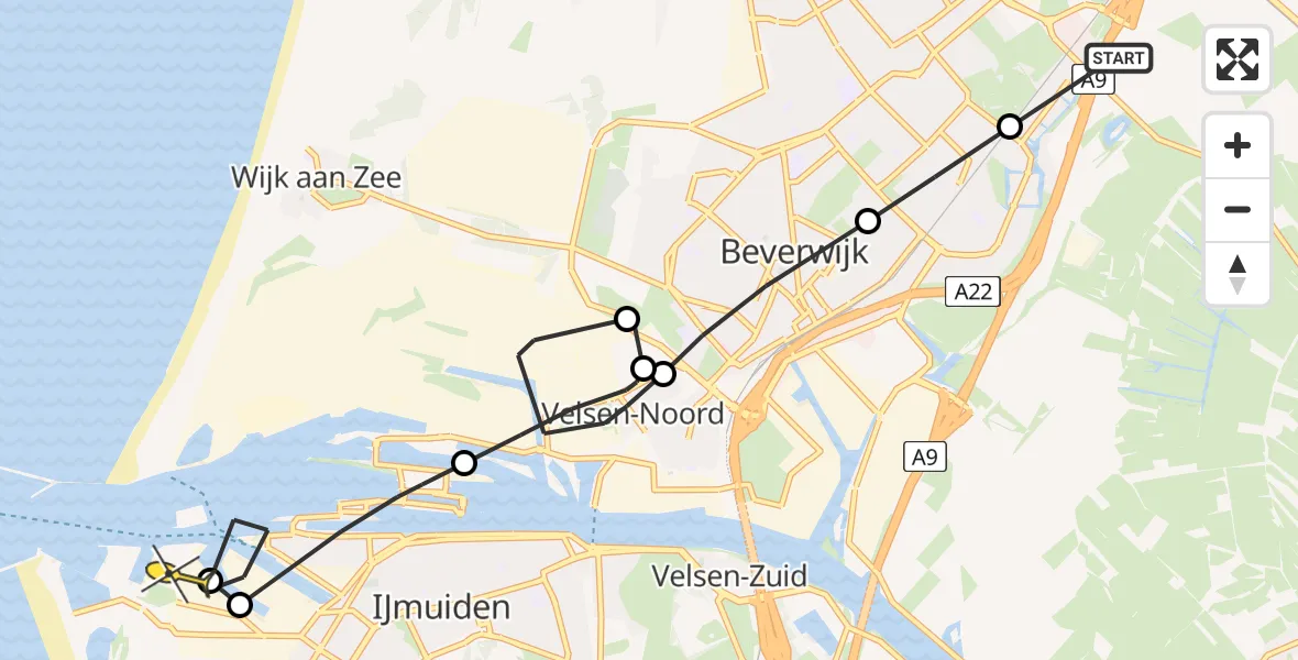 Routekaart van de vlucht: Politieheli naar IJmuiden, Texel