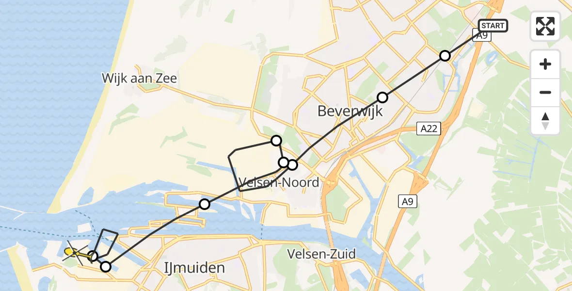 Routekaart van de vlucht: Politiehelikopter naar IJmuiden, Texel
