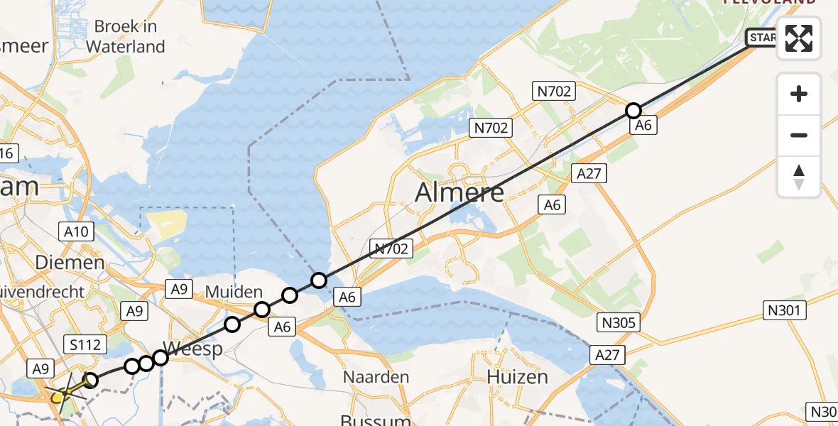 Routekaart van de vlucht: Lifeliner 1 naar Academisch Medisch Centrum (AMC), Rijksweg A6 de Aalscholver