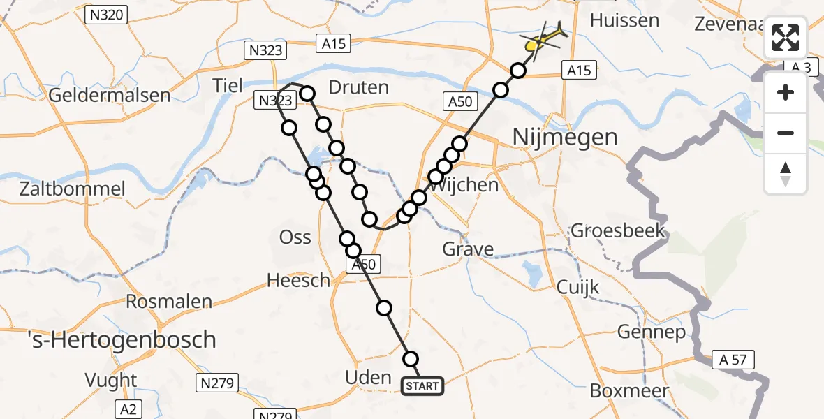 Routekaart van de vlucht: Lifeliner 3 naar Elst, De Bunders