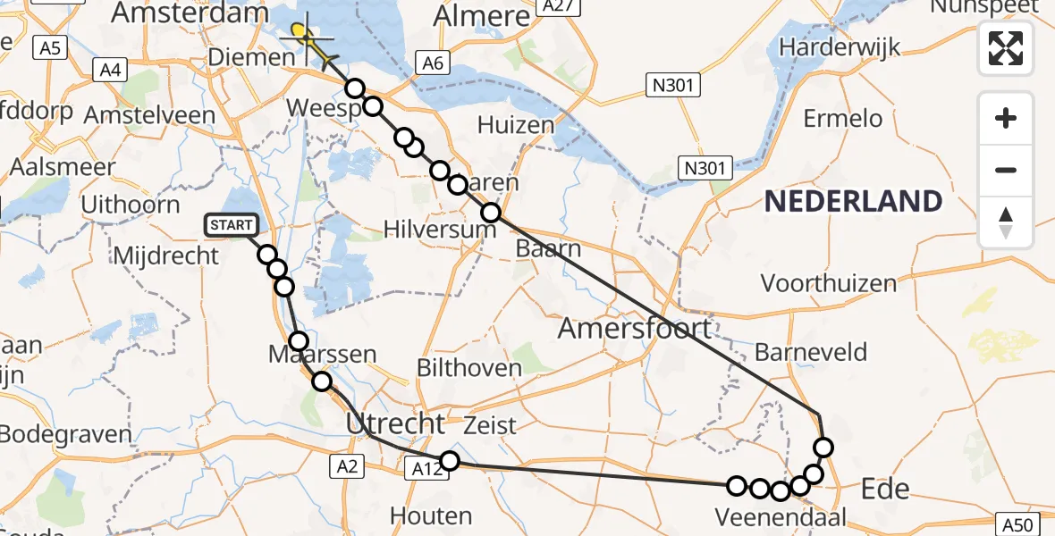 Routekaart van de vlucht: Politieheli naar Diemen, Baambrugse Zuwe