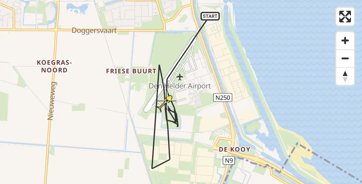 Routekaart van de vlucht: Kustwachthelikopter naar Vliegveld De Kooy, Rijksweg