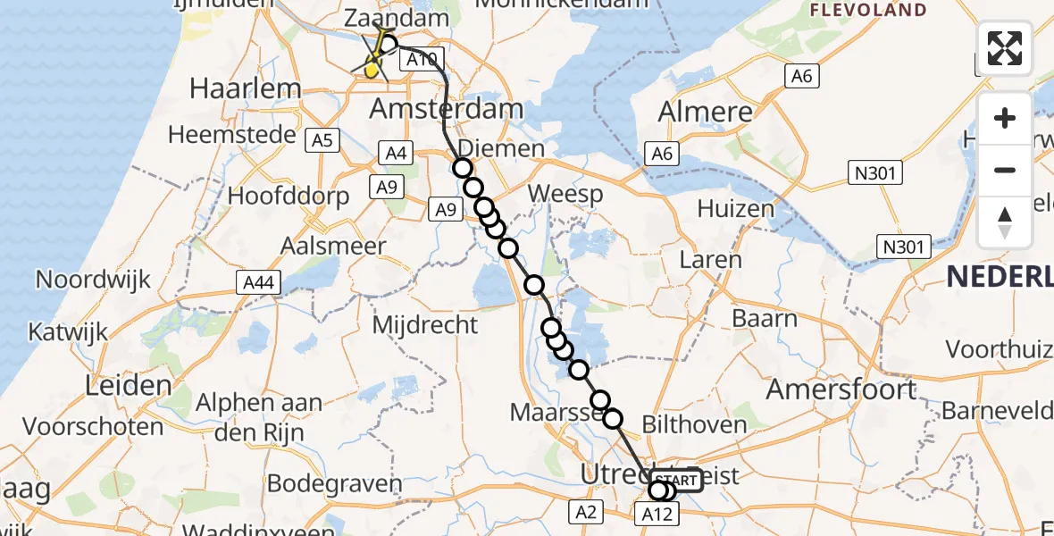 Routekaart van de vlucht: Lifeliner 1 naar Amsterdam Heliport, Zandlaan