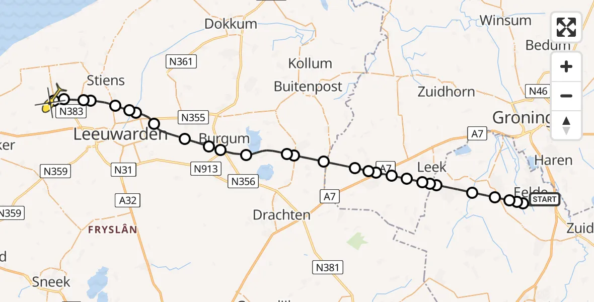 Routekaart van de vlucht: Lifeliner 4 naar Berltsum, Lugtenbergerweg