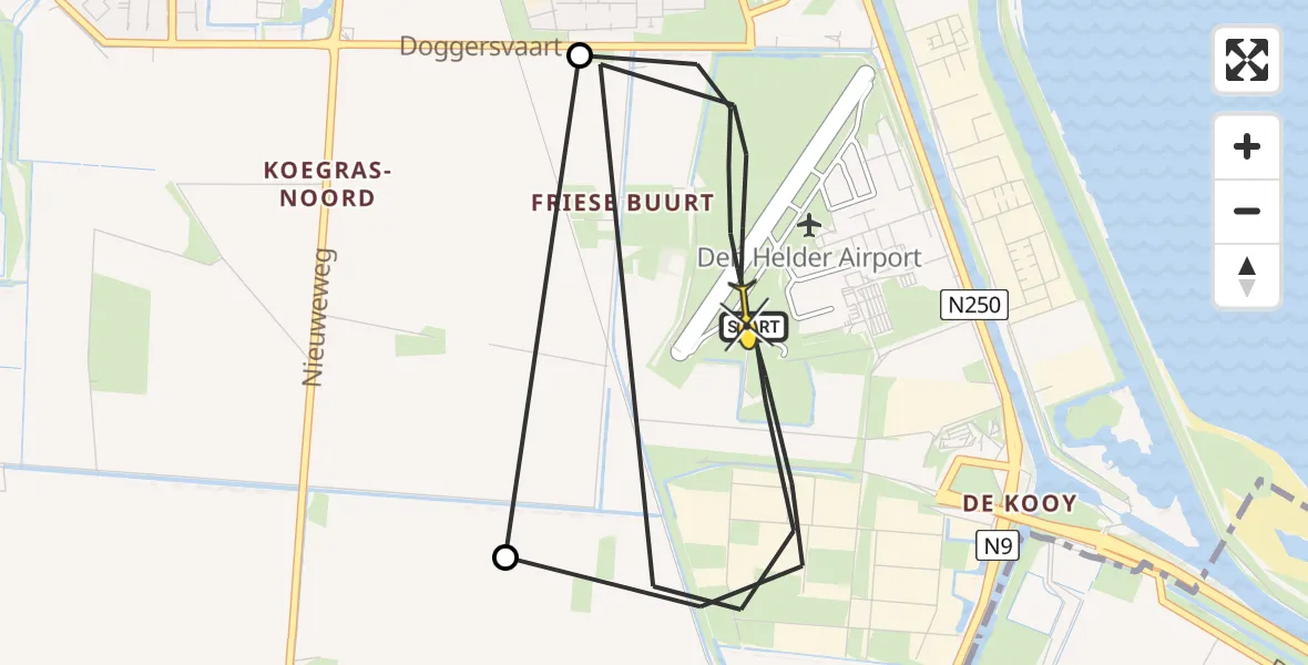 Routekaart van de vlucht: Kustwachthelikopter naar Vliegveld De Kooy, Mastenmakersweg