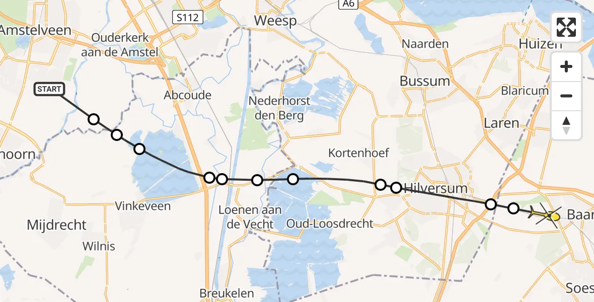 Routekaart van de vlucht: Politieheli naar Baarn, Molenwetering