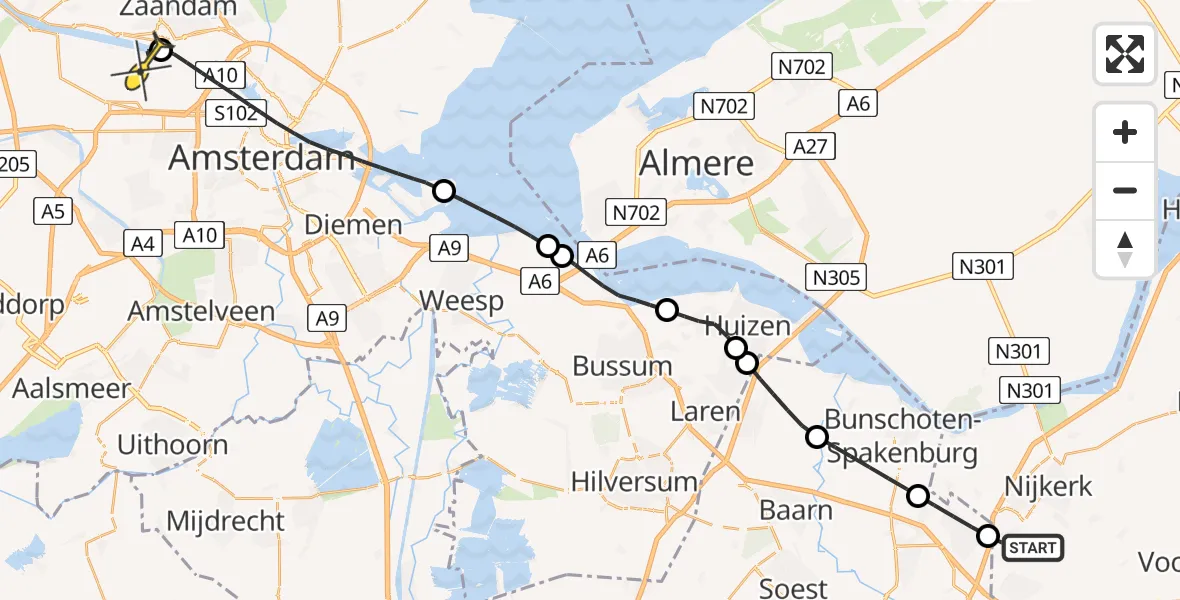 Routekaart van de vlucht: Lifeliner 1 naar Amsterdam Heliport, Amersfoortseweg