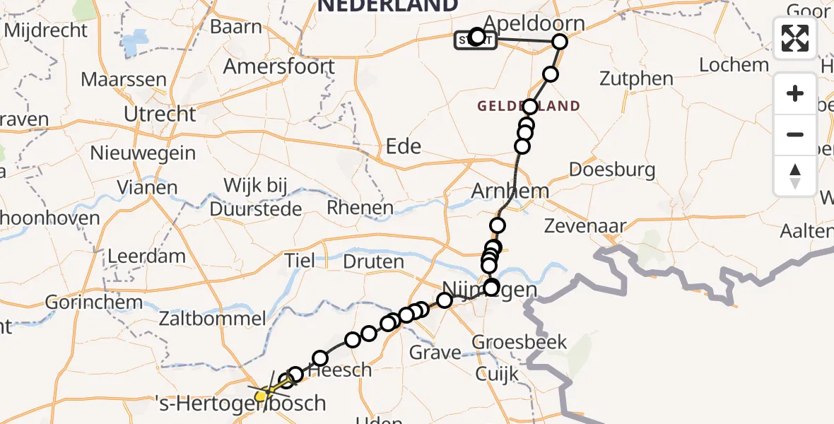 Routekaart van de vlucht: Politieheli naar Rosmalen, Rijksweg A1