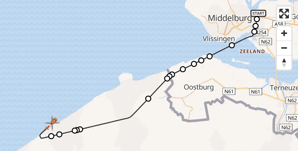 Vluchtroute Kustwachthelikopter Vliegveld Midden-Zeeland - , 24 februari 2025, 14:07