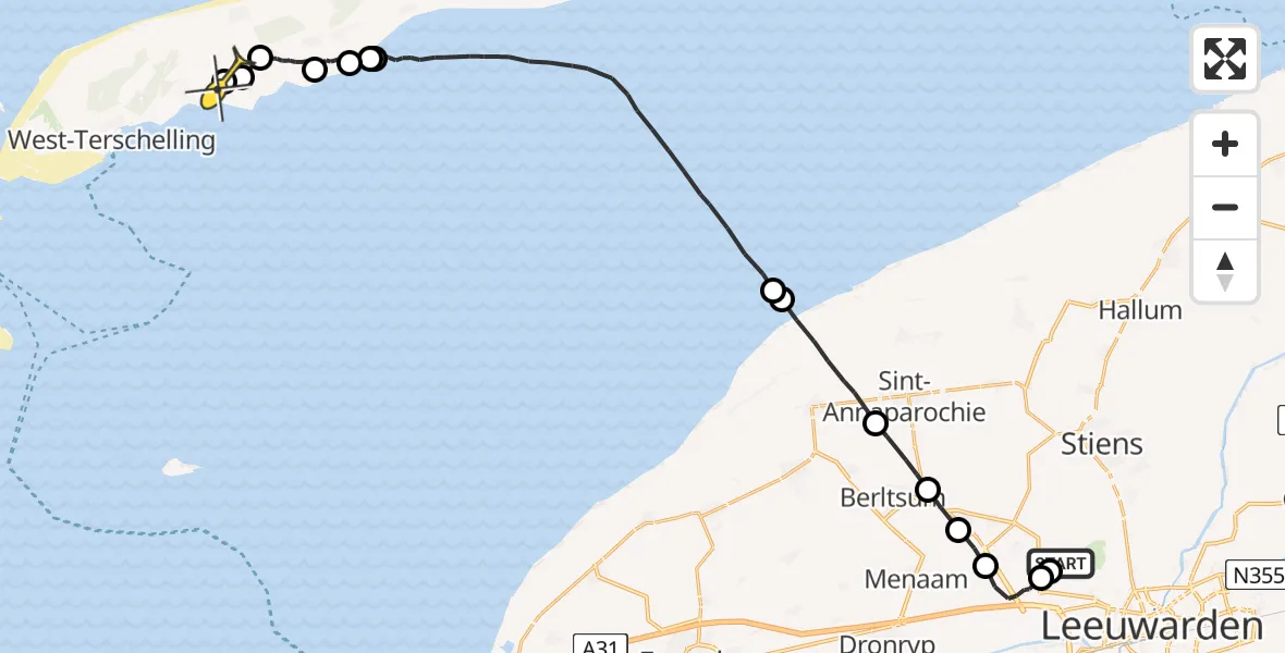 Routekaart van de vlucht: Ambulanceheli naar Baaiduinen, Riemer Veemanstrjitte