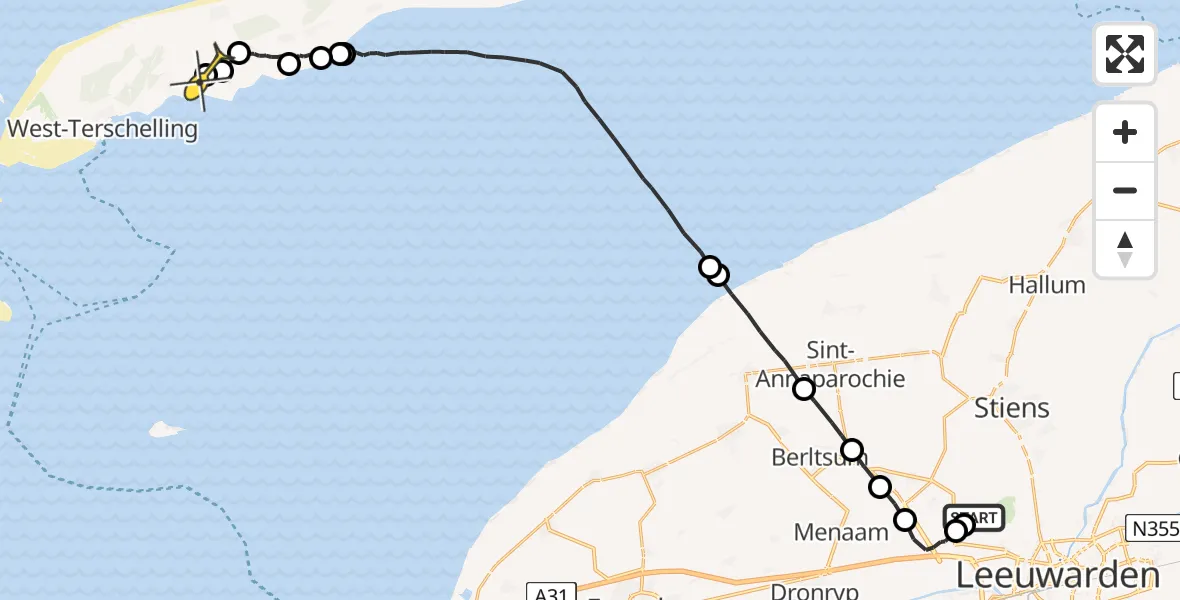 Routekaart van de vlucht: Ambulancehelikopter naar Baaiduinen, Riemer Veemanstrjitte