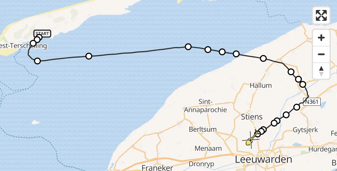 Routekaart van de vlucht: Ambulanceheli naar Vliegbasis Leeuwarden, Westerdijk