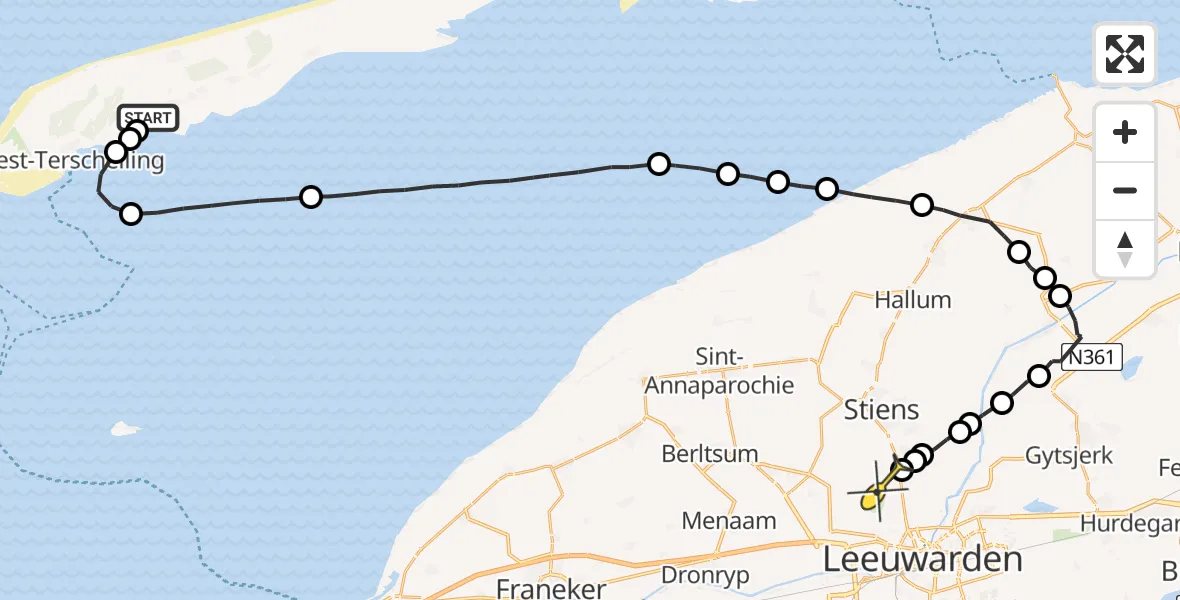 Routekaart van de vlucht: Ambulancehelikopter naar Vliegbasis Leeuwarden, Westerdijk