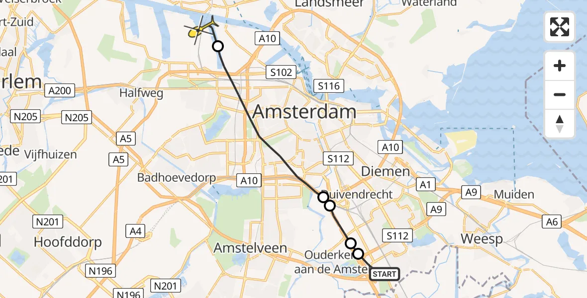 Routekaart van de vlucht: Lifeliner 1 naar Amsterdam Heliport, Schepenbergweg