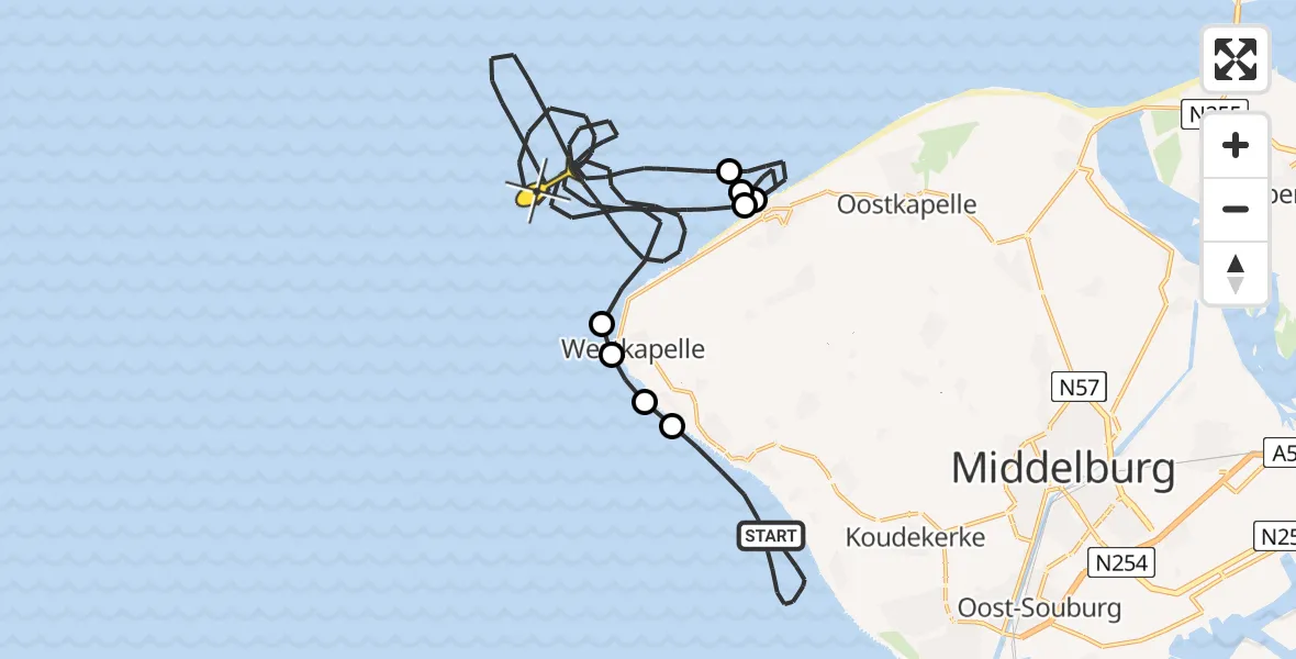 Routekaart van de vlucht: Kustwachthelikopter naar Vlissingen, Strand Koudekerke