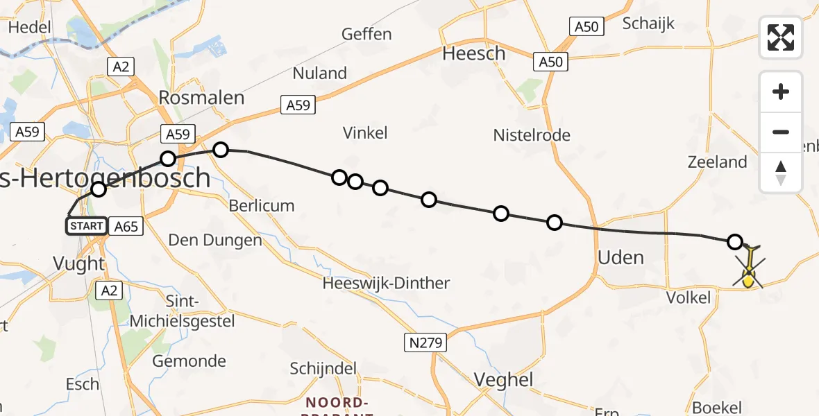 Routekaart van de vlucht: Lifeliner 3 naar Vliegbasis Volkel, Drongelens pad