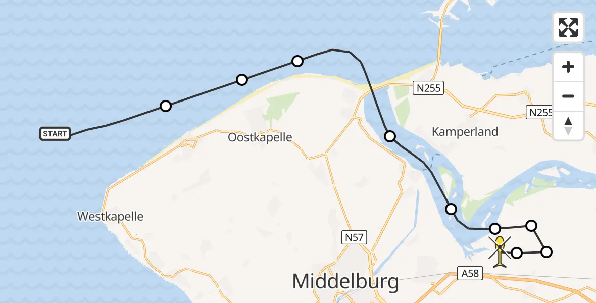 Routekaart van de vlucht: Kustwachthelikopter naar Vliegveld Midden-Zeeland, Calandweg