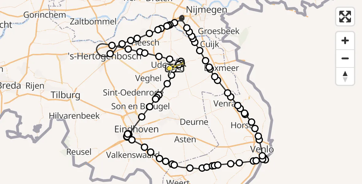 Routekaart van de vlucht: Politieheli naar Vliegbasis Volkel, Oosterheidestraat