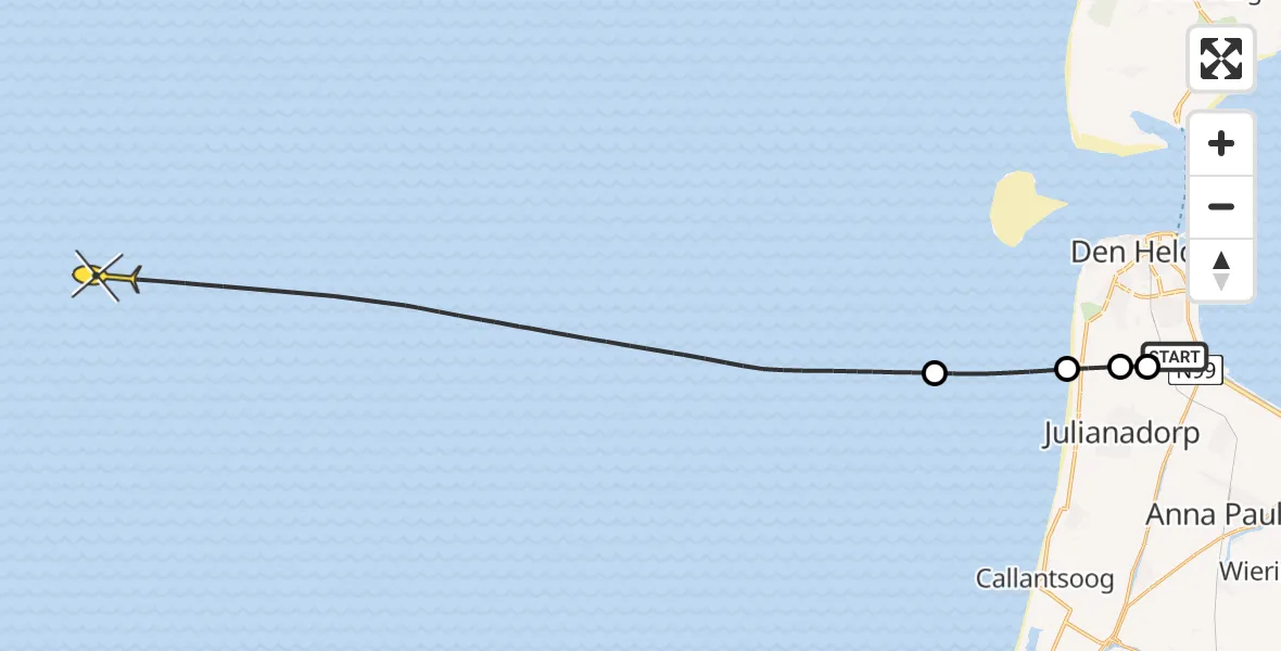 Routekaart van de vlucht: Kustwachthelikopter naar Middenvliet